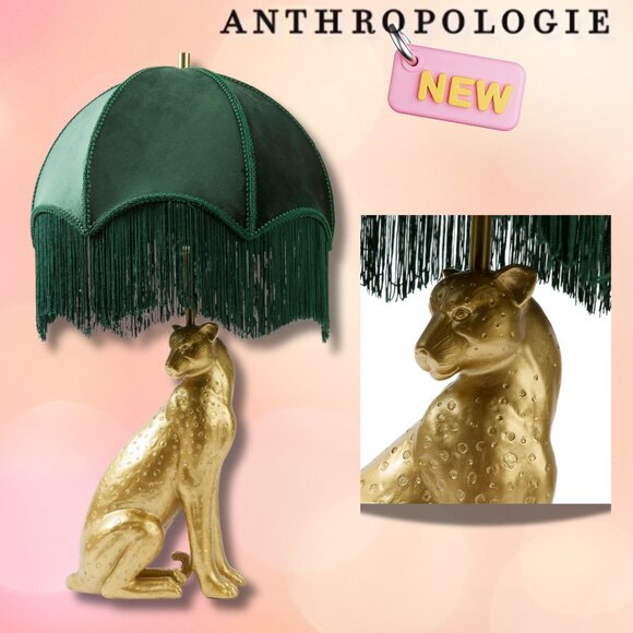 Gold Tone Leopard Green Art Deco Fringe Shade Table Lamp NEW - Picture 1 of 9